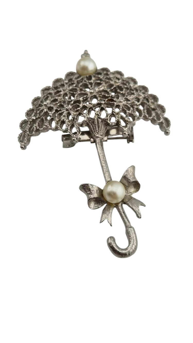 Vintage Umbrella Brooch Faux Pearl Figural Silver Tone Pin